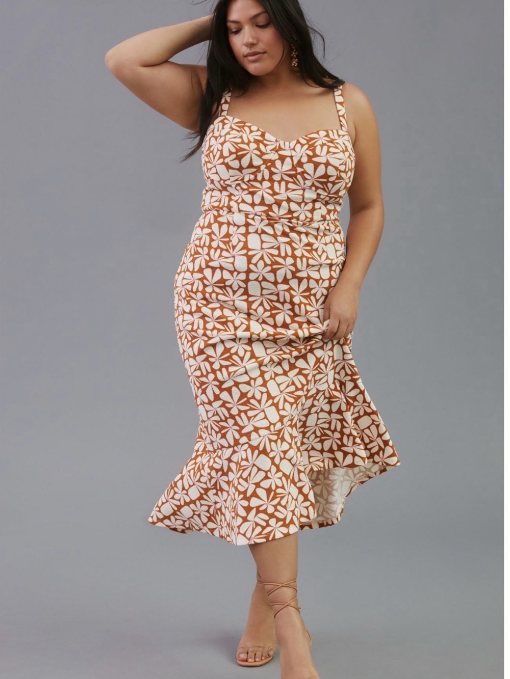 Anthropologie Rust & White Floral Spaghetti-Strap Midi Dress